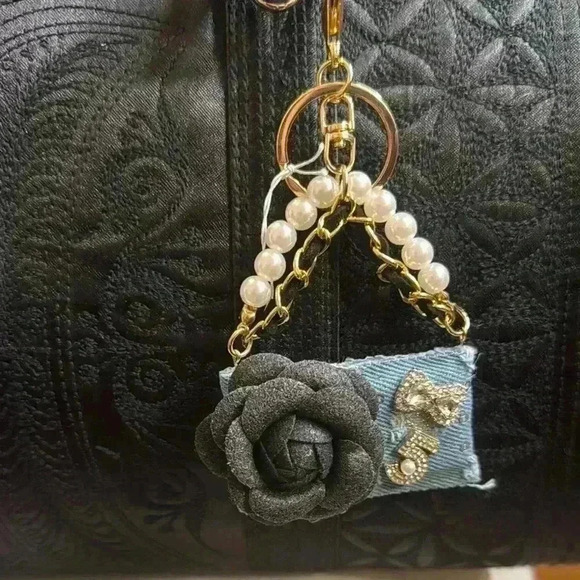 Bag Charm Denim Blue Black Flower Keychain with Pearls - Picture 1 of 3